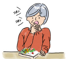 お弁当を食べてむせる摂食・嚥下障害の女性のイラスト
