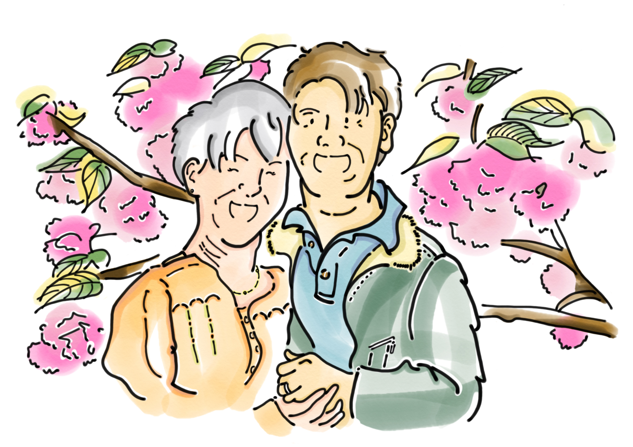 お花見する高齢者の夫婦のイラスト