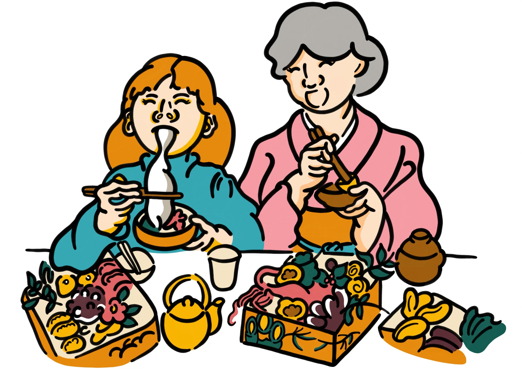 おばあちゃんとお正月におせちを食べるイラスト